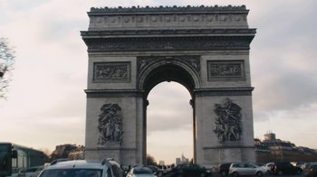 Movie still from “Chernobyl Diaries” (2012), directed by Bradley Parker – A view of the arc de triomphe in paris , france; Extreme Wide shot, Low angle