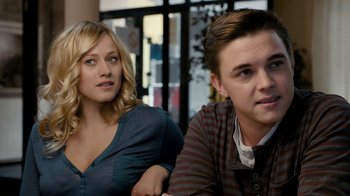 Movie still from “Chernobyl Diaries” (2012), directed by Bradley Parker – A man and a woman sitting next to each other; Close Up shot, Over the shoulder angle