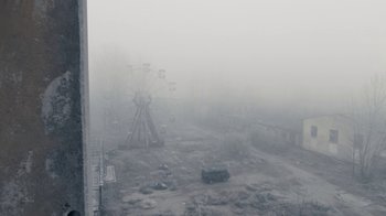 Movie still from “Chernobyl Diaries” (2012), directed by Bradley Parker – An abandoned amusement park in the middle of a foggy day; Extreme Wide shot, High angle