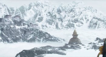 Movie still from “Chronicle” (2012), directed by Josh Trank – A snowy mountain with a pagoda on top of it; Extreme Wide shot, High angle