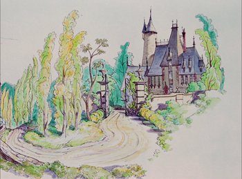 Movie still from “Cinderella” (1950), directed by Hamilton Luske – A painting of an old castle with a road going through it; Extreme Wide shot, High angle
