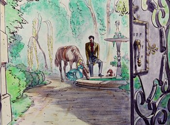 Movie still from “Cinderella” (1950), directed by Hamilton Luske – A man and a woman are sitting on a bench near a horse; Wide shot, High angle