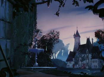 Movie still from “Cinderella” (1950), directed by Hamilton Luske – A fountain in front of a castle at dusk; Extreme Wide shot, Low angle