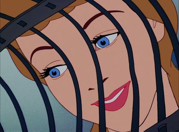 Movie still from “Cinderella” (1950), directed by Hamilton Luske – A woman with blue eyes is behind bars; Close Up shot, Overhead angle