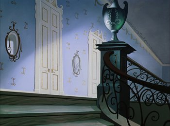Movie still from “Cinderella” (1950), directed by Hamilton Luske – A painting of a staircase with a vase on top of the railing; Wide shot, Low angle