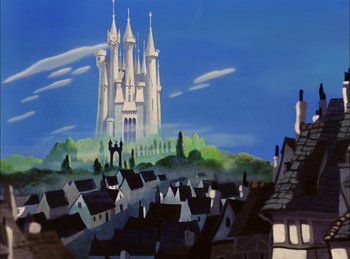 Movie still from “Cinderella” (1950), directed by Hamilton Luske – A painting of a castle on top of a hill; Extreme Wide shot, Low angle