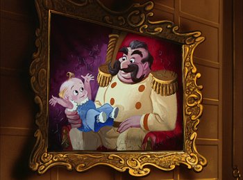 Movie still from “Cinderella” (1950), directed by Hamilton Luske – A painting of a man and a baby in a frame; Medium shot, Low angle