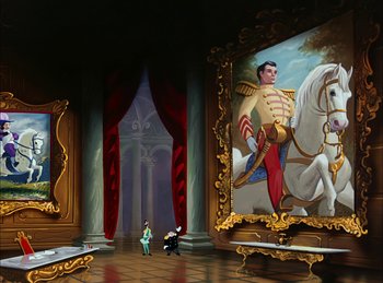 Movie still from “Cinderella” (1950), directed by Hamilton Luske – A painting of a man on a horse in a room; Extreme Wide shot, Low angle