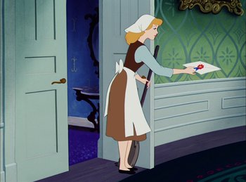 Movie still from “Cinderella” (1950), directed by Hamilton Luske – A cartoon of a woman holding an envelope; Medium shot, High angle