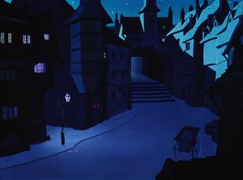 Movie still from “Cinderella” (1950), directed by Hamilton Luske – An animated town is lit up at night time; Extreme Wide shot, Low angle