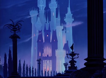 Movie still from “Cinderella” (1950), directed by Hamilton Luske – A painting of a castle in the middle of the night; Extreme Wide shot, Low angle