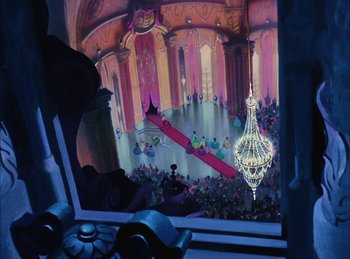 Movie still from “Cinderella” (1950), directed by Hamilton Luske – A painting of a stage with a chandelier in the center; Extreme Wide shot, High angle