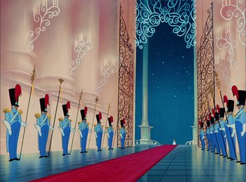 Movie still from “Cinderella” (1950), directed by Hamilton Luske – A group of people standing in front of a building; Extreme Wide shot, Low angle