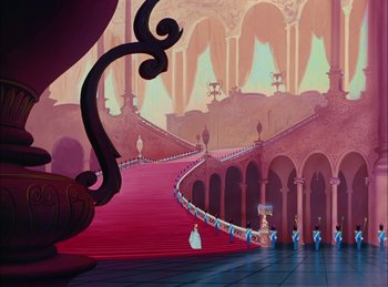 Movie still from “Cinderella” (1950), directed by Hamilton Luske – A painting of a staircase in the middle of a palace; Extreme Wide shot, Low angle
