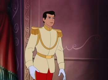 Movie still from “Cinderella” (1950), directed by Hamilton Luske – A man dressed in a white uniform and white gloves; Medium shot, Over the shoulder angle