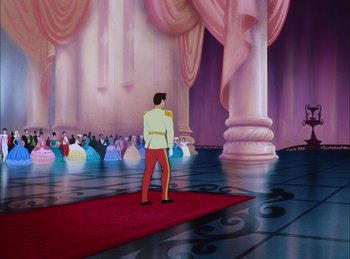 Movie still from “Cinderella” (1950), directed by Hamilton Luske – A man standing on a red carpet in front of a crowd of people; Extreme Wide shot, Over the shoulder angle