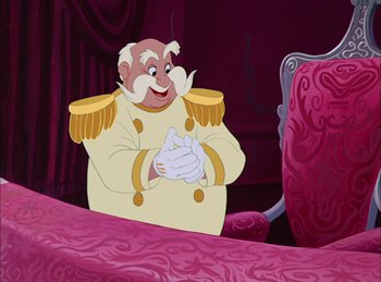 Movie still from “Cinderella” (1950), directed by Hamilton Luske – A character from the princess and the pauper; Medium shot, Over the shoulder angle