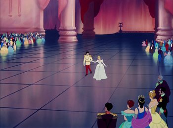 Movie still from “Cinderella” (1950), directed by Hamilton Luske – A couple of people are dancing in the middle of a room; Extreme Wide shot, High angle