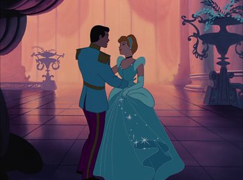 Movie still from “Cinderella” (1950), directed by Hamilton Luske – A man and a woman dressed as cinderella and prince charming; Wide shot, Low angle
