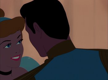 Movie still from “Cinderella” (1950), directed by Hamilton Luske – A person with their face close to another person; Close Up shot, Over the shoulder angle