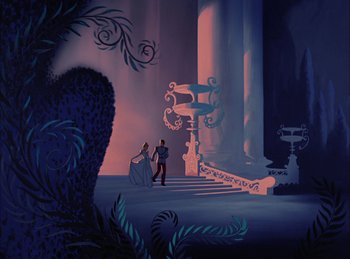 Movie still from “Cinderella” (1950), directed by Hamilton Luske – A man and a woman standing in front of a large pillar; Extreme Wide shot, High angle