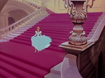 Movie still from “Cinderella” (1950), directed by Hamilton Luske – A painting of a princess in a ball gown on the stairs; Extreme Wide shot, High angle