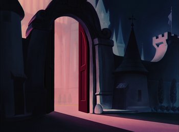 Movie still from “Cinderella” (1950), directed by Hamilton Luske – An illustration of an open door leading to a castle; Extreme Wide shot, Low angle