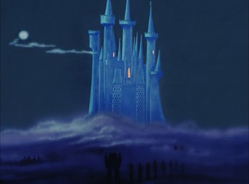 Movie still from “Cinderella” (1950), directed by Hamilton Luske – A painting of a castle in the middle of the night; Extreme Wide shot, Low angle