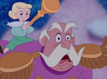 Movie still from “Cinderella” (1950), directed by Hamilton Luske – A man in a purple shirt and a girl in a green dress; Medium shot, Over the shoulder angle