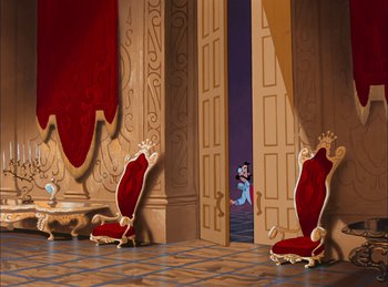 Movie still from “Cinderella” (1950), directed by Hamilton Luske – A room filled with furniture and a cat in a doorway; Extreme Wide shot, Low angle