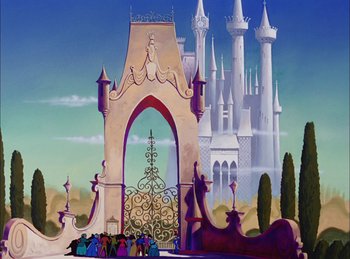 Movie still from “Cinderella” (1950), directed by Hamilton Luske – A group of people standing in front of a castle; Extreme Wide shot, Low angle