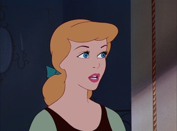 Movie still from “Cinderella” (1950), directed by Hamilton Luske – A cartoon of a woman with blonde hair and blue eyes; Close Up shot, Over the shoulder angle