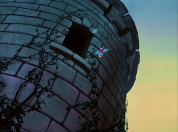 Movie still from “Cinderella” (1950), directed by Hamilton Luske – A tower with a hole in the side of it; Extreme Wide shot, Low angle
