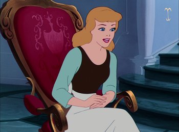 Movie still from “Cinderella” (1950), directed by Hamilton Luske – A woman sitting in a chair in front of a staircase; Medium shot, Over the shoulder angle