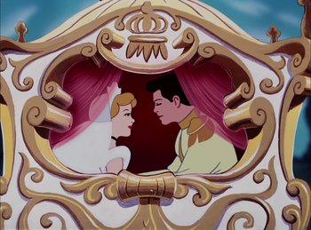 Movie still from “Cinderella” (1950), directed by Hamilton Luske – A painting of cinderella and the prince in a carriage; Close Up shot, Low angle