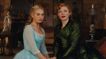 Movie still from “Cinderella” (2015), directed by Kenneth Branagh – Two women sitting next to each other in a room; Medium shot, Low angle