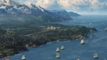 Movie still from “Cinderella” (2015), directed by Kenneth Branagh – An aerial view of a large body of water; Extreme Wide shot, High angle