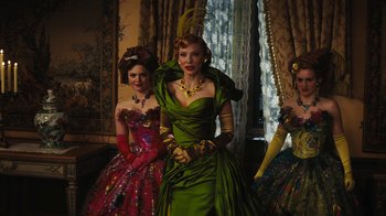 Movie still from “Cinderella” (2015), directed by Kenneth Branagh – A group of women dressed up in fancy dresses; Medium shot, Low angle