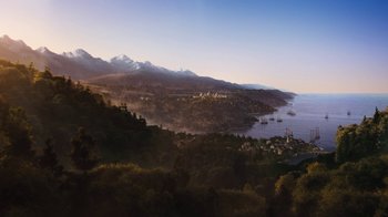 Movie still from “Cinderella” (2015), directed by Kenneth Branagh – A view of a city and a body of water with mountains in the background; Extreme Wide shot, High angle