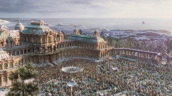Movie still from “Cinderella” (2015), directed by Kenneth Branagh – An aerial view of a large city with a lot of people; Extreme Wide shot, High angle