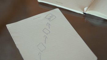 Movie still from “Citizenfour” (2014), directed by Laura Poitras – A note pad sitting on top of a table; Extreme Close Up shot, Overhead angle