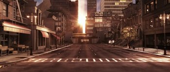 Movie still from “City of Ghosts” (2017), directed by Matthew Heineman – An image of an empty city street at sunset; Extreme Wide shot, High angle