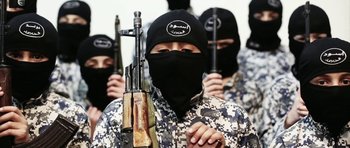 Movie still from “City of Ghosts” (2017), directed by Matthew Heineman – A group of men in camouflage and masks holding guns; Close Up shot, High angle