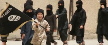 Movie still from “City of Ghosts” (2017), directed by Matthew Heineman – A group of people in black suits and black hats; Medium shot, High angle