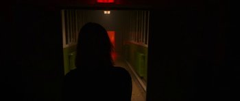 Movie still from “Climax” (2018), directed by Gaspar Noé – A woman standing in a dark hallway with a red light; Wide shot, High angle