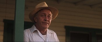 Movie still from “Cool Hand Luke” (1967), directed by Stuart Rosenberg – An older man wearing a straw hat and a white shirt; Close Up shot, Low angle