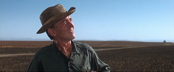 Movie still from “Cool Hand Luke” (1967), directed by Stuart Rosenberg – A man wearing a cowboy hat standing in the middle of a field; Medium shot, Low angle