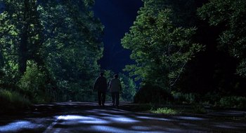 Movie still from “Cop Land” (1997), directed by James Mangold – Two people walking down a dark path at night; Extreme Wide shot, Low angle