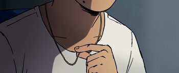 Movie still from “Flee” (2021), directed by Jonas Poher Rasmussen – A man wearing a white t - shirt is listening to music; Extreme Close Up shot, Overhead angle