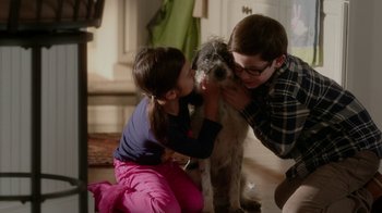 Movie still from “Daddy's Home” (2015), directed by Sean Anders – A boy and a little girl kissing a small dog; Medium shot, High angle